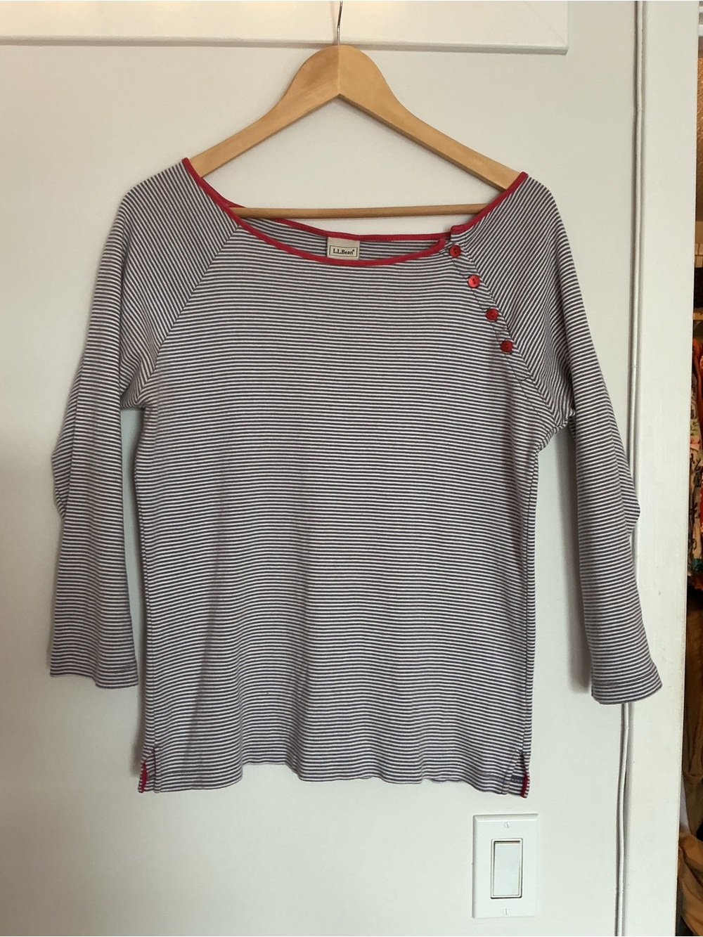 L.L. Bean Navy & White Striped 3/4 Sleeve Top with coral Red Trim